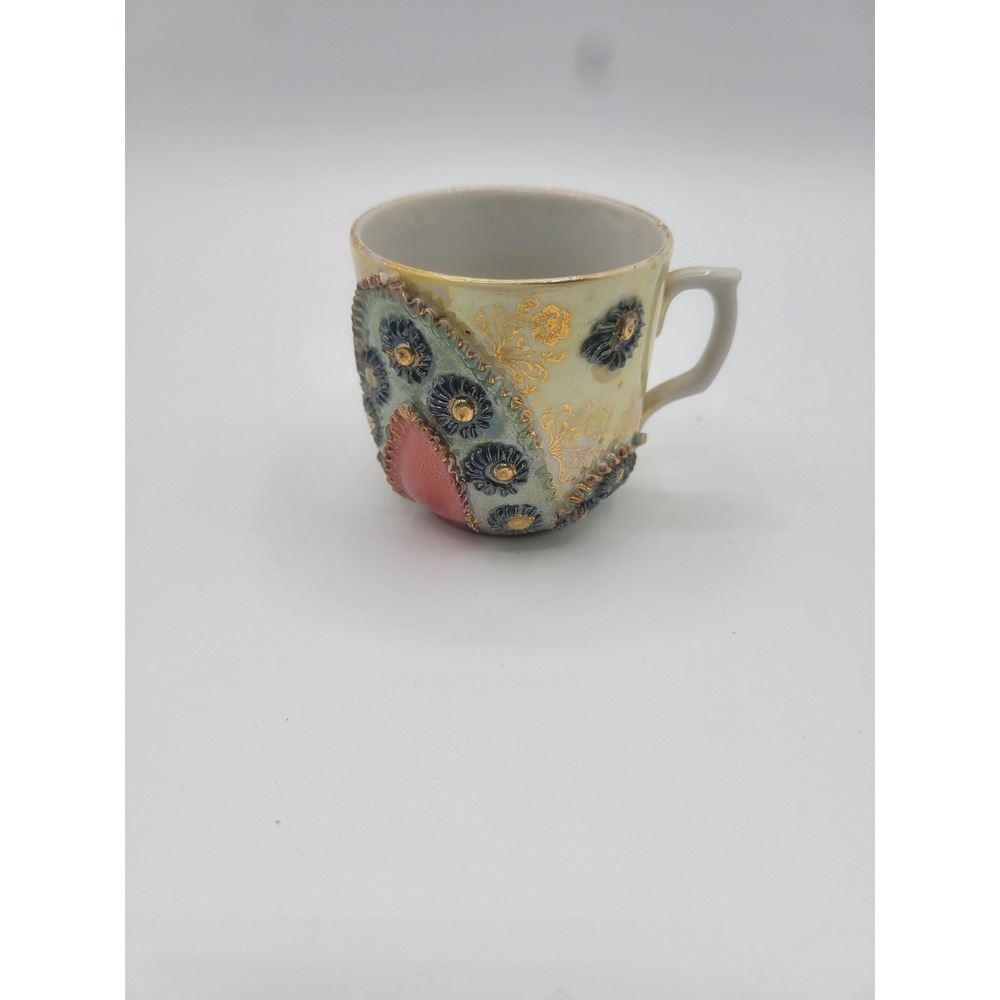 Vintage Moriage Lusterware Demitasse Cup Yellow Iridescent Gold Gilt Floral 3D